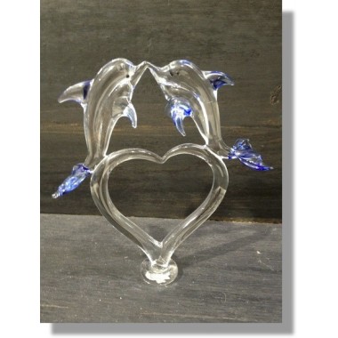  Couple de dauphin sur un coeur en verre 