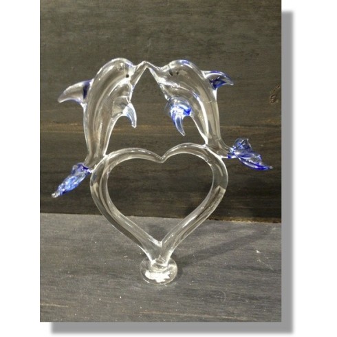  Couple de dauphin sur un coeur en verre 