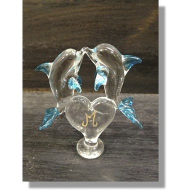  Couple de dauphin sur un coeur en verre 