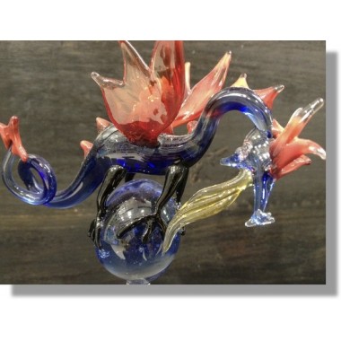  Dragon en verre bleu et rouge 