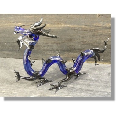  Dragon chinois en verre bleu et noir 